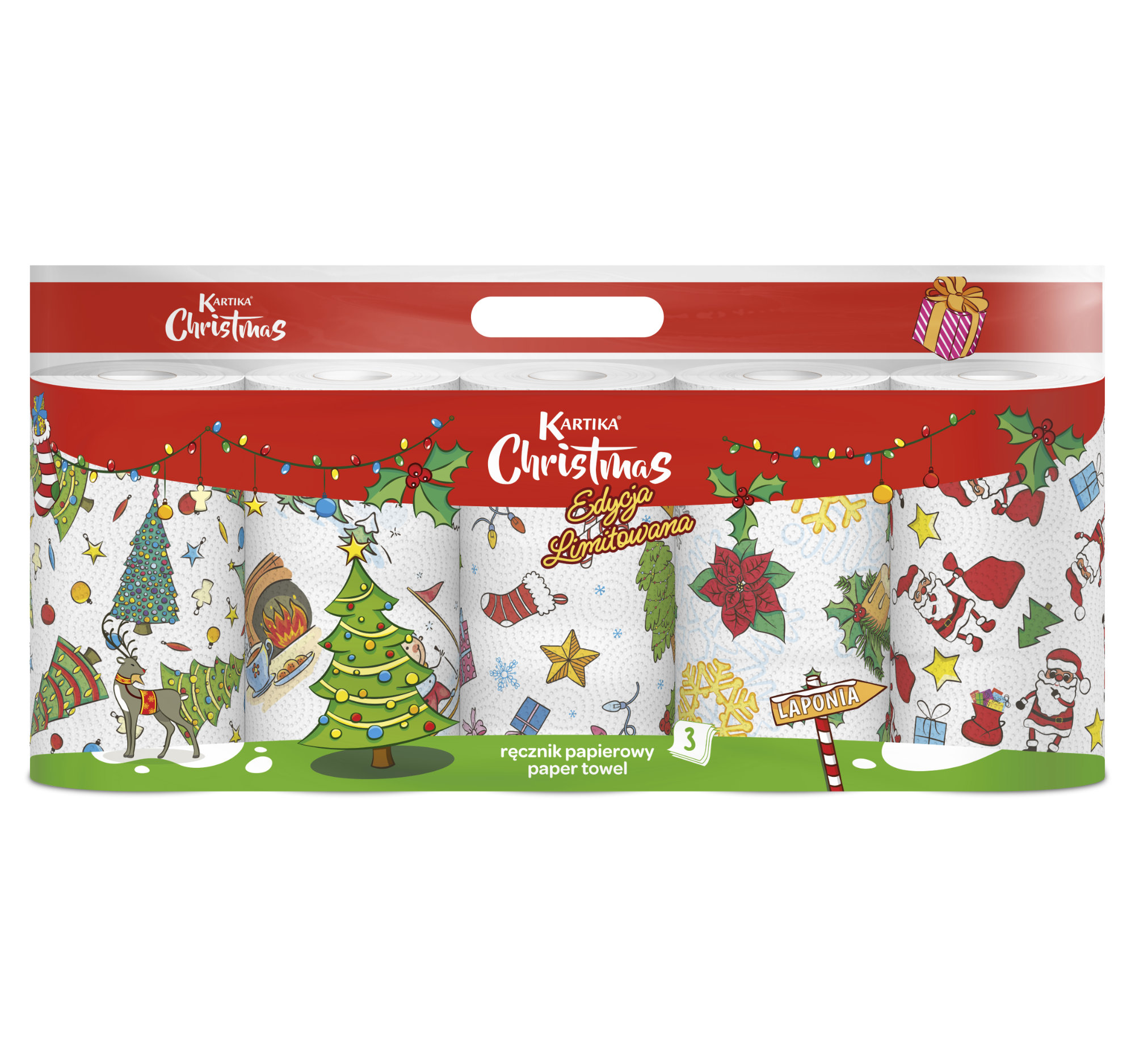 Ręcznik papierowy Kartika Christmas Limited Edition 5 rolek 70 listków 3 warstwy w nowoczesnym woreczku z rączką