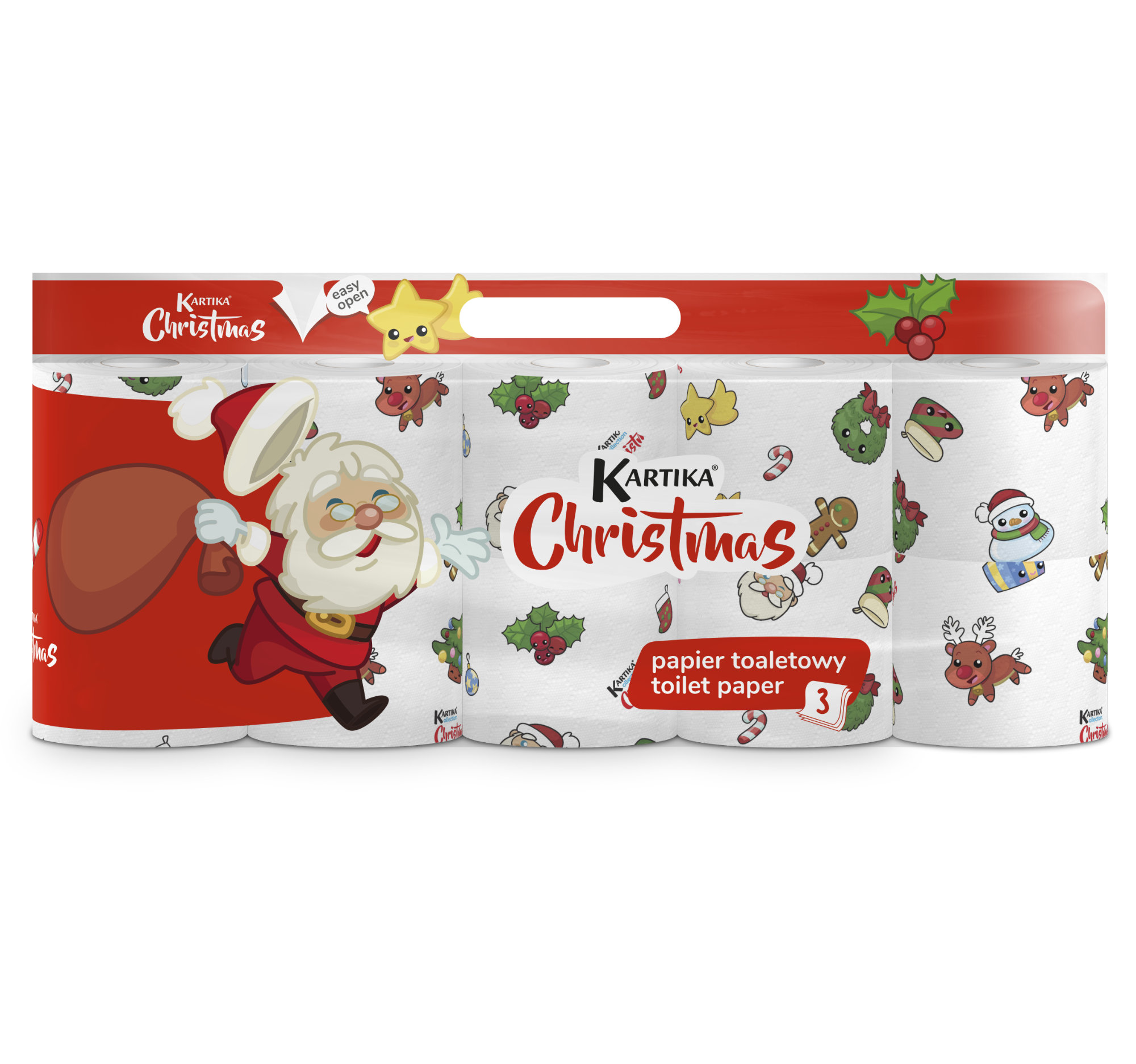 Toilet paper Kartika Christmas 10 rolls 200 sheets 3 ply a modern bag with a handle